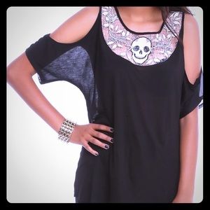 💀 Embroidered Skull Cold Shoulder Top